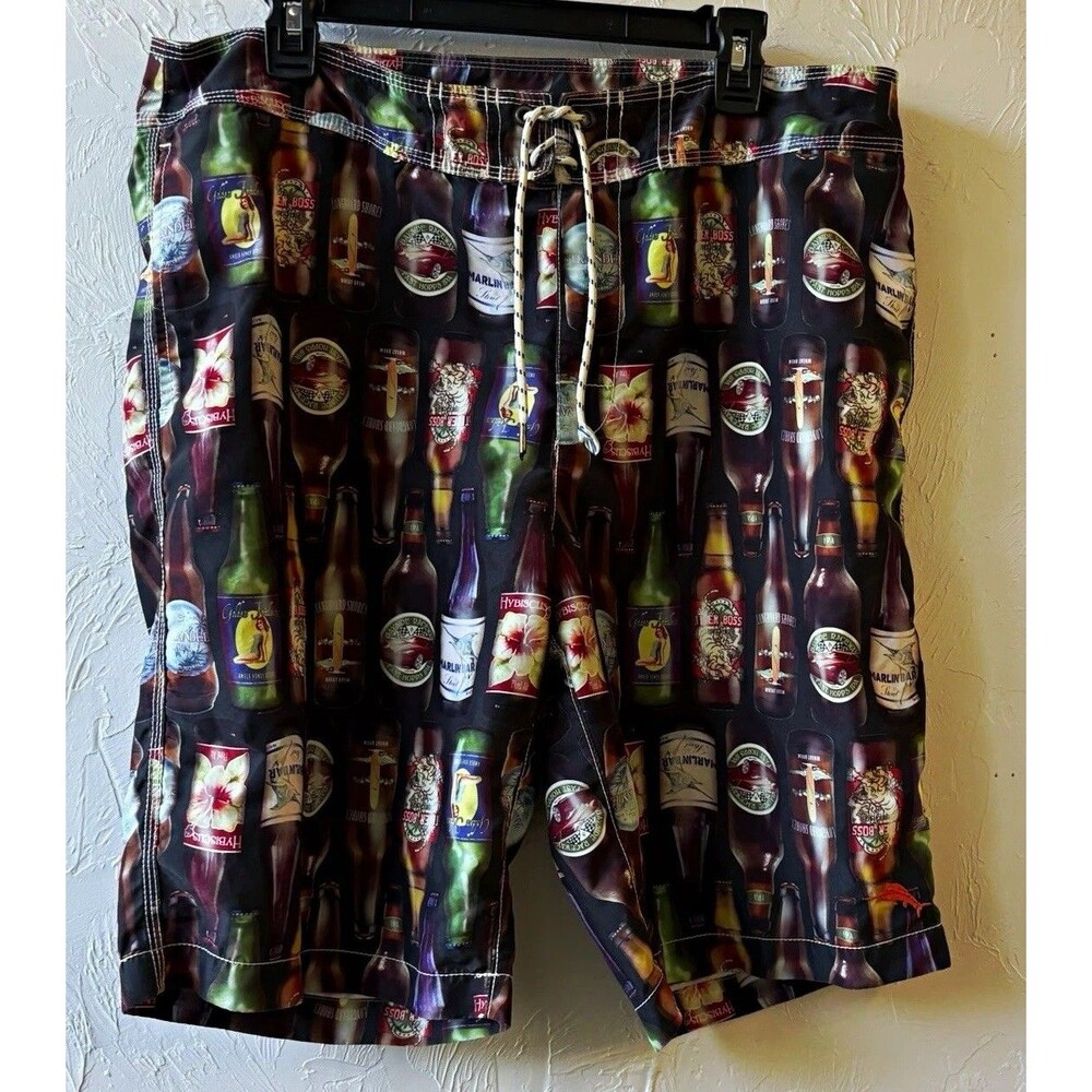 Tommy Bahama Men's Multicolor Beer Bottle Graphic Swim Shorts Mesh Drawstring 36